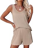 Ekouaer Womens Pajamas Set Ribbed Knit Soft Pj Sets Tank Top and Shorts Sleepwear Loungewear Ruffle Hem Nightwear Khaki S