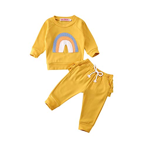 Carolilly Conjunto de 2 piezas para niña con estampado de arcoíris sin capucha, camiseta de manga larga + pantalones amarillo 2-3 Años