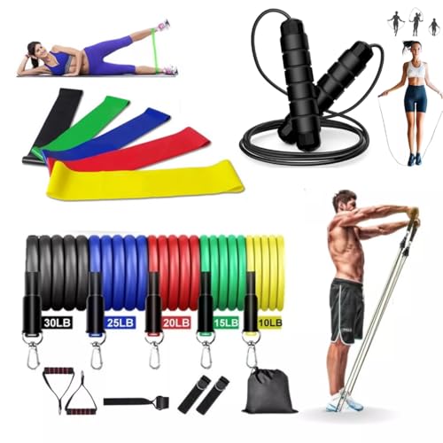 Kit 17 Itens Exercicio Fisico Completo, Conjunto Elástico Extensor Para Treino + Corda Pular + Faixa