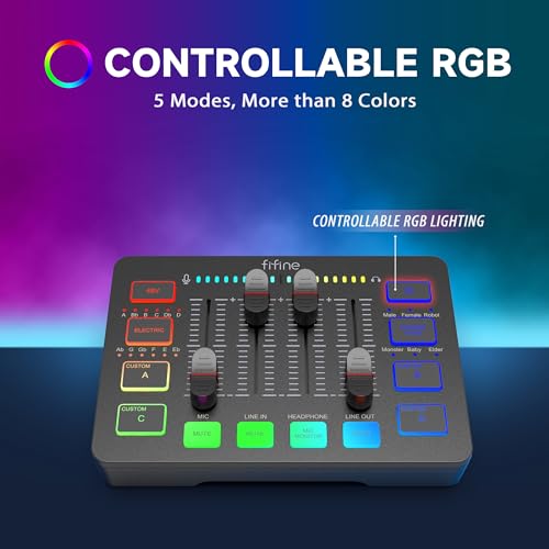 FIFINE Gaming Audio Mixer für PC, RGB Soundkarte für XLR Mikrofon, Audio Interface für Streaming Musiker, Mischpult für Gamer Creators Live YouTube, Individuelle Steuerung, Voice Changer