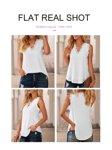 Blencot Women Lace Trim Tank Tops V Neck Fashion Casual Sleeveless Blouse Vest Shirts Medium A White #TOP2