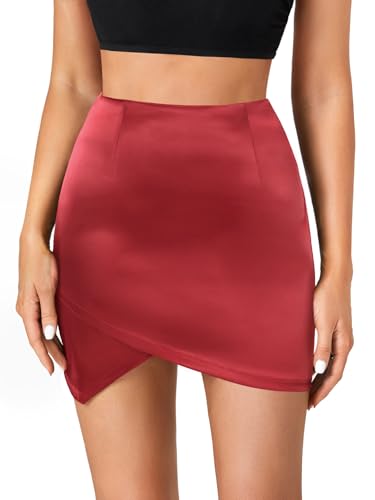 Women's Satin Silky High Waist Warp Asymmetrical Tulip Hem Bodycon Pencil Short Mini Skirt
