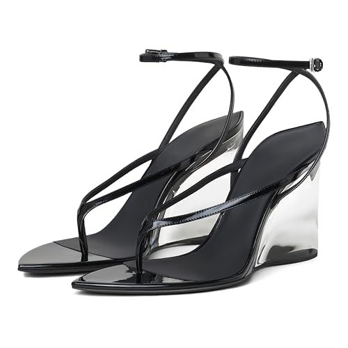 Fuazuzu Women's Wedge Heels Sandals Strappy Open Toe Flip Flops Thong Clear Heeled Sandals Cute Summer Party Fashion Daily Dressy Shoes, Black, 9.5