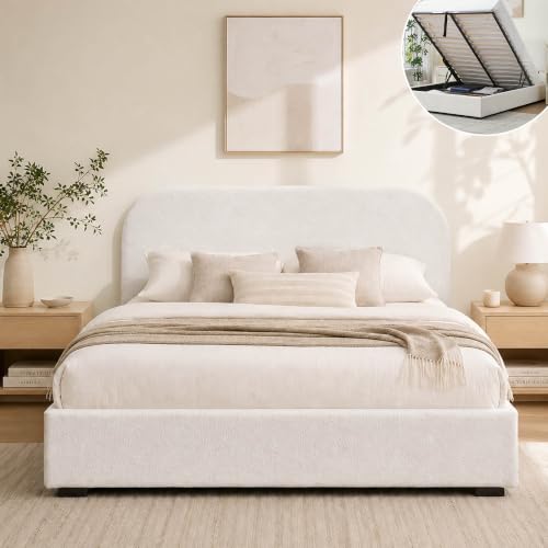 VELOCAVA Queen Size Lift Up Storage Bed Frame, Boucle Textured Upholstered Platform Bed with Rounded Headboard, Hydraulic Storage, Wood Slat Support, No Box Spring Needed, Cream White