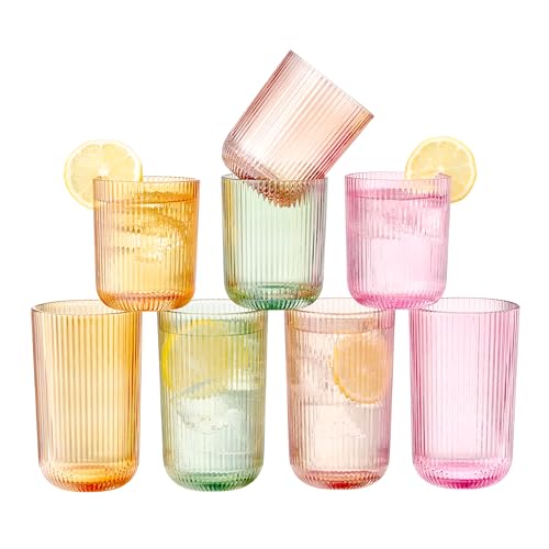 Khen Ribbed Textured Glassware | 8 Piece Set with 4 Highball 12.85oz and Lowball 9.13oz Tumblers Durable Reusable Water Juice Soda Iced Coffee Cocktail Lemonade Cups Dishwasher Safe