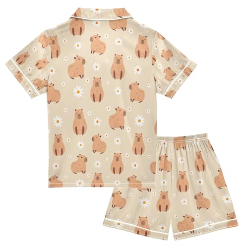 senya Cute Capybara Daisy Flower B Satin Summer Pajama Sets Silk Short Sleeve Button Down Sleepwear2