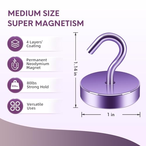 Image of Neosmuk Magnetic Hooks Steel Tube Design for Cruise,80lb+ Purple,10 Pack | Cruise Ship Essentials,Heavy Duty Magnett Hooks for Cabins, Refrigerator, Grill, Hanging, and Travel Extra Strong Must-Haves