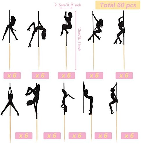 Jetec 60 Piece Stripper Pole Cupcake Topper Picks Dancing Girl Silhouette Cake Topper Toothpick for Bachelor Party Birthday Cake Decoration Bride Groom Bridal Bachelorette Women Men Boy Girl