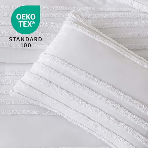 Image of BEDELITE Boho King Size Comforter Set - White Tufted Striped Bed Set 3 Pieces, Soft Vintage Farmhouse Comforter for All Seasons, Boho Home Decor,Fluffy Jacquard Bedding with Pillow Sham