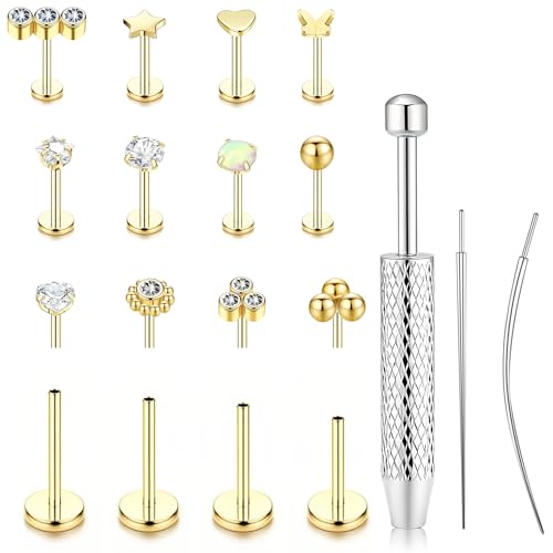 15Pcs 20G/18G/16G Flat Back Push in Stud Earrings 316L Surgical Stainless Threadless nose rings Medusa Piercing Jewelry Hypoallergenic Labret Studs Lip Rings ring for Women Men Be Equipped With Ball Grabber Tool (Golden 16G(1.2mm))