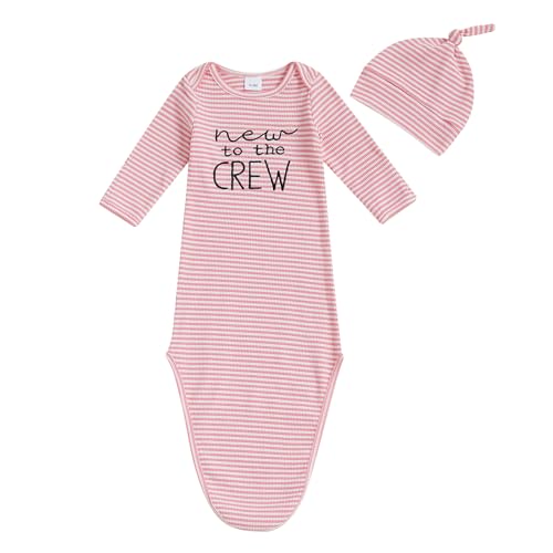 Image of Baby Girl Boy Sleeping Waffle Bag Letter Embroidery Long Sleeve Sleep Striped Sack with Hat 2 Piece Set for Fall