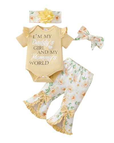 Image of SUNNY PIGGY Newborn Baby Girl Clothes Infant Outfits Romper Floral Fall Outfit Bell Bottoms Pant Sets Hat Headband Flowerpant