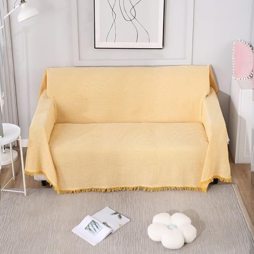 Image of HOKIPO Polycotton Thick and Soft Sofa Cover Throw Couch Protector 2 Seater, 180 (D) x 230 (L) cm (NEW-AR-4639-N5), Yellow