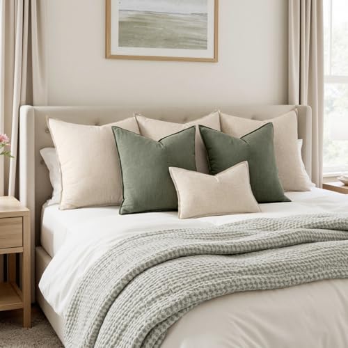 Image of MIULEE Decorative Linen Pillow Covers 20x20 Inch Olive Green Boho Farmhouse Neutral Couch Throw Pillows for Bed Pack of 2 Accent Outdoor Pillowcase Modern Sofa Cushion Livingroom Home Decor