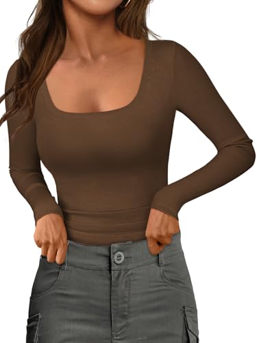 Image of Womens Long Sleeve Scoop Neck Shirts Ribbed Knit Tops Slim Fitted Tees Basic Casual Fall Outfits