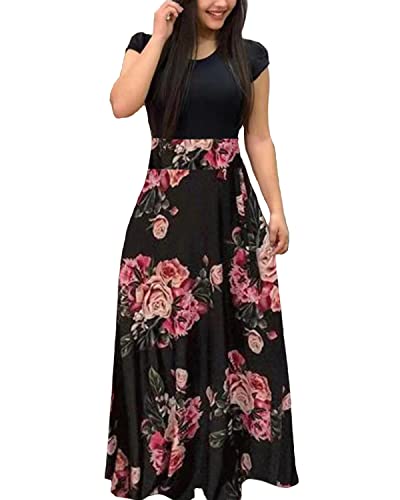 Aublary Womens Long Sleeve Maxi Dress Round Neck Floral Print Casual Tunic Long Maxi Dress