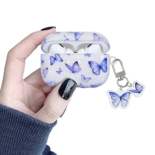 Diygody Compatible For Airpods Pro Case Cute With Kawaii Keychain Blue Butterfly Marble Shell Design Girls Women Soft Tpu Anti-Drop Protective Case For Airpods Pro #TOP8