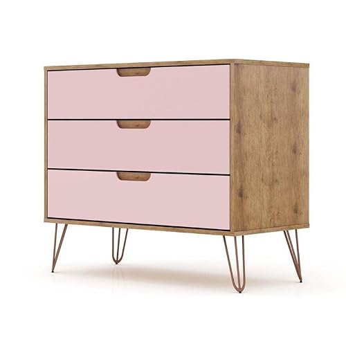 Manhattan Comfort Rockefeller Mid-Century Modern 3-Drawer Bedroom Dresser, Natural, Rose Pink Finish #TOP7