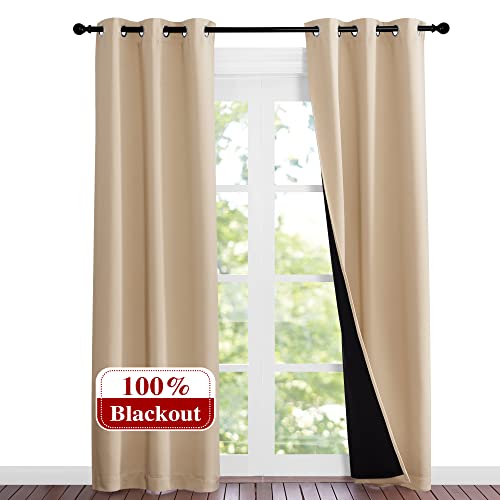 Image of NICETOWN Living Room Completely Shaded Draperies, Set of 2, W37 x L80, Biscotti Beige, Privacy Protection & Noise Reducing Black Lined Insulated Window Treatment Curtain Panels for Patio Door