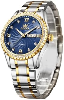 OLEVS Watches for Men Gold and Silver Day and Date Male Watch Designer Luxury Diamond Dress Roman Numerals Large Dial Easy Read Quartz Watch Men's Gifts Waterproof Gold Blue Green White Dial