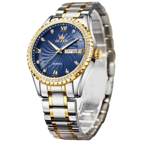 OLEVS Watches for Men Gold and Silver Day and Date Male Watch Designer Luxury Diamond Dress Roman Numerals Large Dial Easy Read Quartz Watch Men's Gifts Waterproof Gold Blue Green White Dial