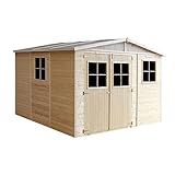 TIMBELA Holz Gartenschuppen - Abstellkammer mit Fenstern - H226x316x324 cm/9 m² Naturholz-Shiplap-Schuppen - Gartenwerkstatt - Fahrrad- Geräteschuppen M335