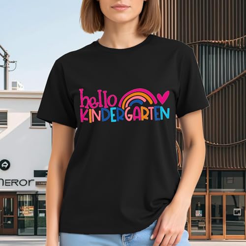 Image of Kindergarten Teacher Shirts for Women-Rainbow Heart Short Sleeves | Cute Back to School Shirt Great for Preschool Educators Classroom Daily Work First Day Celebration Events