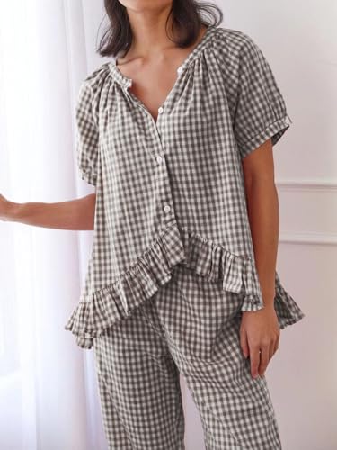 Image of codcm Womens Gingham Pajama Set 2 Piece Short Sleeve Babydoll Shirt and Pants Lounge Set Cute Sleepwear