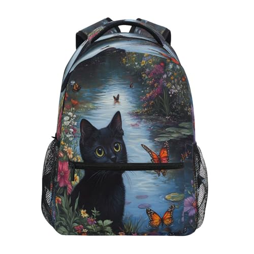 Black Cat Kitten Butterfly Flower Backpack for School Boys Girls Adults Kids Bookbag Laptop Bag 18L