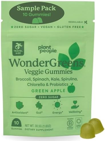 Plant People WonderGreens Veggie Gummies Super Greens with Probiotics Multivitamin Support Gummy for Wellbeing, Energy, Immune and Gut Health, Green Apple Flavor (Trial Size, 10 Count)