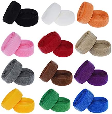 Filan 12 Colors 24 Yards Sew On Hook and Loop Tape Fastening Nylon Fabric Tape with Non-Adhesive for DIY Craft Interlocking Tape Sewing Fasteners (3/4'' Wide, 1 Yard Hook + 1 Yard Loop) for Each Color