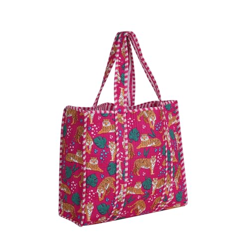 Image of Cotton Tiger Block Print Tote Bag, Indian Handmade Shopping Shoulder Bag, Unisex Market Daily Use
