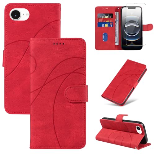 Reshias Funda Compatible con iPhone 16E 6.1 Pulgadas 2025 con 1 Pieza Cristal Templado Protector de Pantalla, Cuero PU y Flip Carcasa, Función de Soporte y Billetera Caso (Rojo)