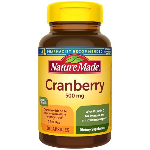 Nature Made Cranberry Supplement 500mg with Vitamin C for Immune & Antioxidant Support, Cranberry Blend for Urinary Tract Health, One Per Day, 60 Capsules