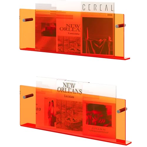 DOHWSK Acrylic Magazine Holder 2 Pack Hanging Bookshelf Magazine Rack Wall Mounted Floating Brochure Display for Waiting Room Office Home (Orange 17 Inch)