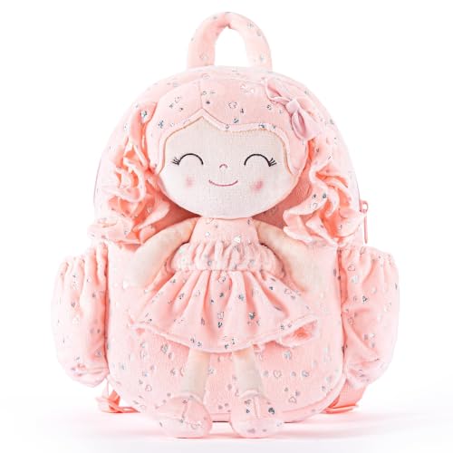 Image of Gloveleya Toddler Backpacks Baby Girl Gifts Curly Hair Plush Figures Dress Backpack - Silver Heart Accents in Pink 11''