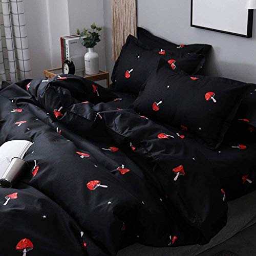 Cute Mushroom Duvet Cover Queen Kid Cartoon Kawaii Bedding Set Red Mushroom Comforter Cover Set Farmhouse Botanical Bedspread Cover Lovely Natural Wild Plants Quilt Cover For Room Decor, Black #TOP1