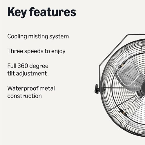 Image of Amazon Basics 18 inch Outdoor Heavy-Duty Misting Fan, Wall-Mounted, Industrial, Waterproof (IP44), With Tilt Head, Metal Blades, Dual Ball Bearing Motor, 3 Speeds Up to 1550 RPM and 3781 CFM, Black