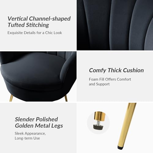 Image of HULALA HOME Modern Velvet Accent Chair with Shell Shaped Back, Cute Living Room Bedroom Armchair Sofa Chair with Gold Legs, Comfy Upholstered Vanity Chair for Makeup Room, Black