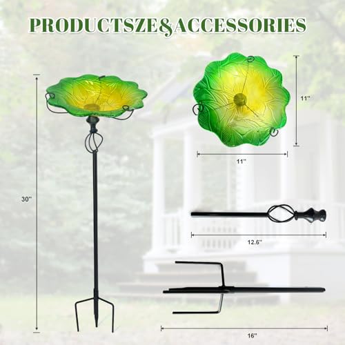 Image of HONGLAND Bird Baths for Outside,11 inch Small Green Glass Birdbaths Outdoor,Detachable Bird Feeder with Metal Stake for Garden Yard Patio Decor,30 inch Height