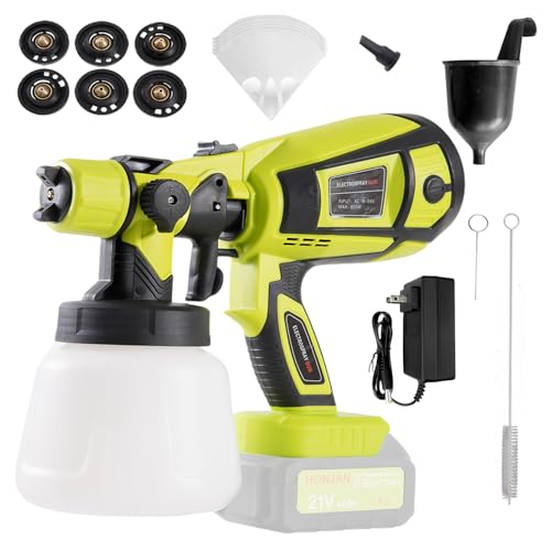 HONJAN Cordless Paint Sprayer, Paint Gun with 900ml Container, 6 Brass Nozzles, 3 Patterns and Filter for Home Interior and Exterior, Fence, Deck and Furniture CSPS-021(LightGreen No Battery)
