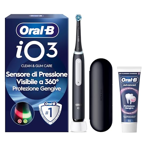 Oral-B Spazzolino Elettrico Ricaricabile iO 3 Nero, 1 Spazzolino Elettrico, 1 Testina Di Ricambio, Custodia Da Viaggio + Dentifricio Oral-B Advanced Protezione Gengive, Pulizia Denti Efficace