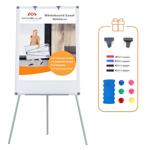 MAKELLO Portable Whiteboard with Stand 90x60cm, Flipchart White Board Easel for Office Home School, Height Adjustable and Foldable, Aluminum Frame