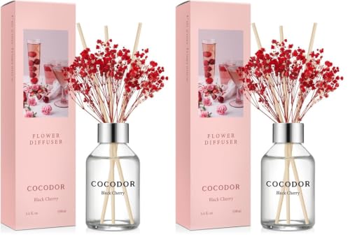 Image of COCODOR Flower Reed Diffuser Set / 3.4oz / Black Cherry /Scent Diffuser with Sticks Home Fragrance Reed Diffuser for Bathroom Shelf Decor (Pack of 2)