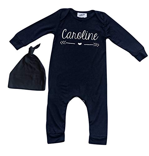 Personalized Custom Silky Long Sleeve Baby Romper for Boys and Girls-Gender Neutral (Heart with Script Font) (0-3 months (3m), Black (Heart/Script Font) (+ Hat))