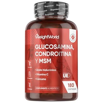 WeightWorld - Glucosamina Condroitina y MSM - 180 Cápsulas - 6 Meses de Suministro - Complejo Complementado con Ácido Hialurónico Vit C y Cúrcuma en Polvo - Sin OGM ni Gluten