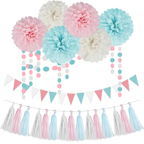 Image of Gender Reveal Decorations Blue Pink - 23pcs Tissue Paper Flowers Pom Poms Banner Tassel Garland Streamers Baby Gender Reveal Theme Decor White Birthday Hanging Decor Ideas Supplies