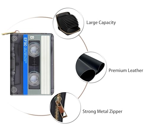Credit Card Holder Wallets for Women, RFID Blocking Small Leather Card Case Wallet with Zipper Accordion Wallets, Retro Music Cassette3