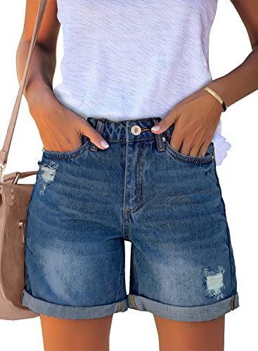 luvamia Women's Casual Ripped Denim Shorts High Rise Summer Destoryed Jeans Shorts Country Concert Outfits for Women After Dusk Blue Size Medium