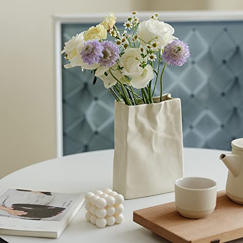 Crinkle Paper Bag Shape Ceramic Vase, Large Capacity For Flower Arrangement, Bookshelf Decorative #TOP1